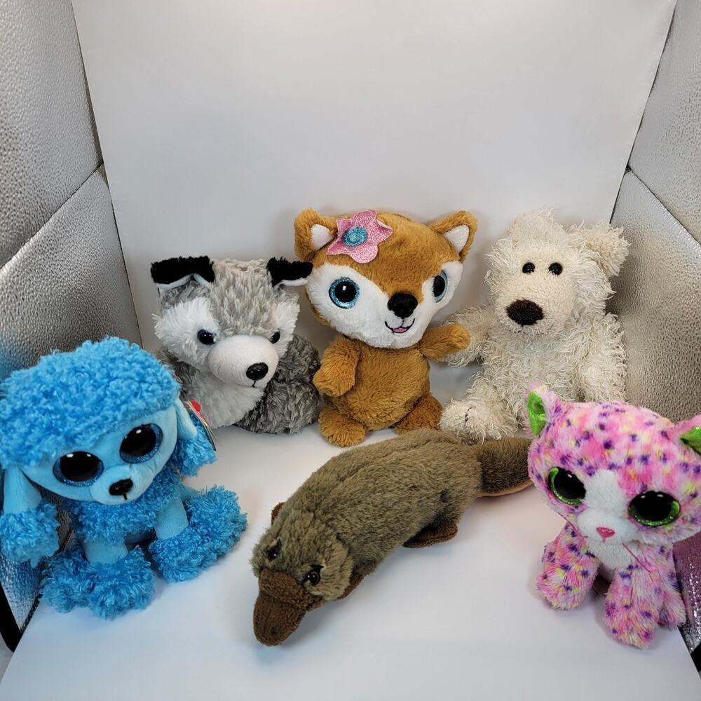 Lot of 6 Small Plush Toys TY Beanie Boos + 90s Platypus Dogs, Cat, Fox, Bears